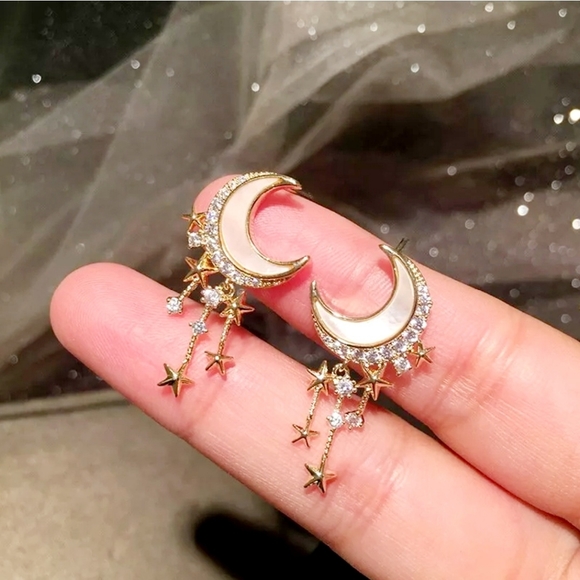 Gold Plated Pearlessent Crescent moon star drop earrings with silver post - Picture 5 of 16